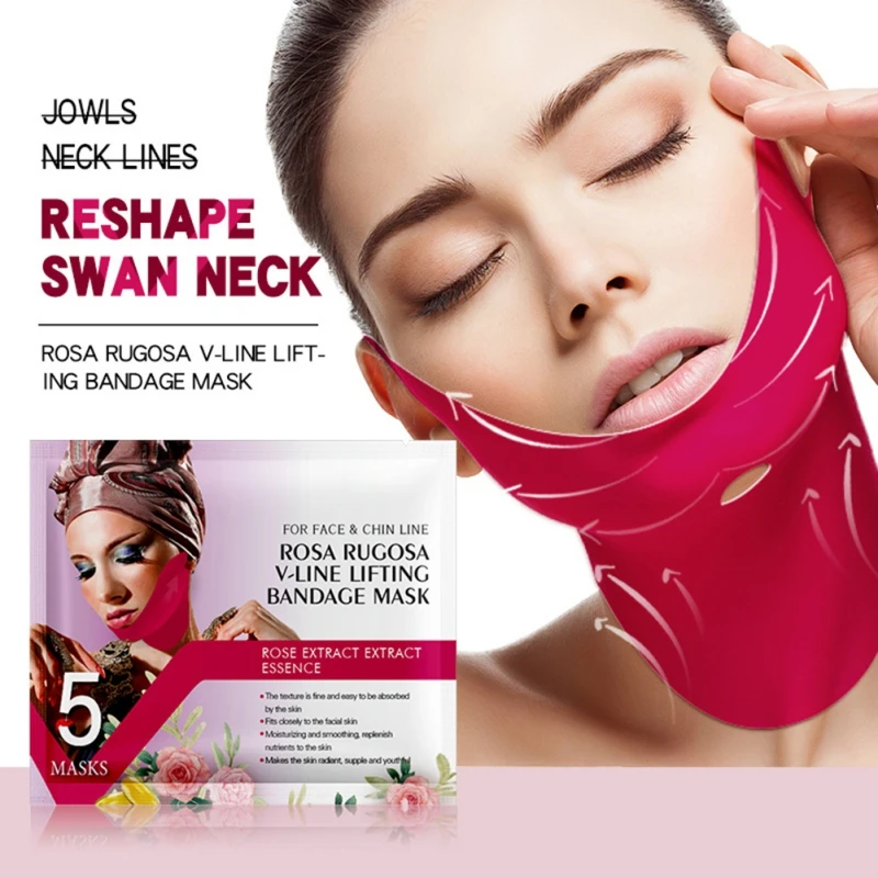 

5Pcs Rose Essence Facial Neck Mask V-line Shape Lifting Peel-off Anti-Aging Slimming Bandage Check Chin Whitening Beauty Health