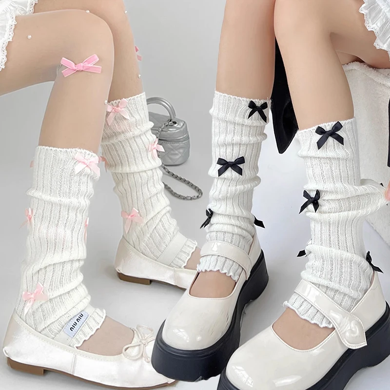

Вязаные носки JK в японском стиле с бантом, шерстяные носки с ворсом, теплые носки для ног Y2k в стиле панк Харадзюку, носки с ворсом, корейские носки для ног