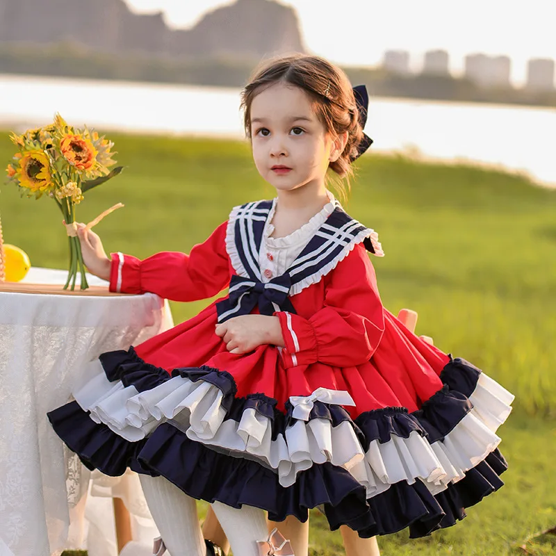 Sweet Princess Style Lolita Dress For Girls Long Sleeve Layered Loose Hem Ball Gowns Toddler Children Spring Dresses With Bow