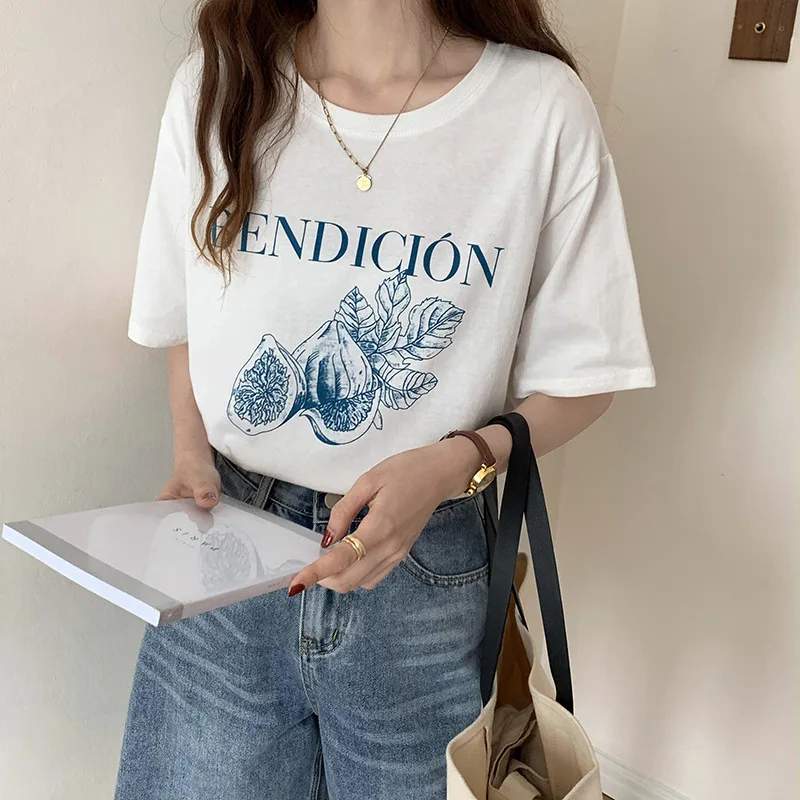 

2022 Summer New Cotton White Short-sleeved T-shirt Women's Ins Tide Round Neck Fashion Sweet and Cool Korean Loose Top Women