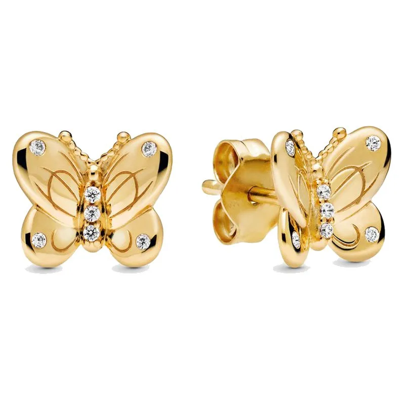 

Authentic 925 Sterling Silver Sparkling Golden Spring Butterfly With Crystal Stud Earrings For Women Wedding Fashion Jewelry
