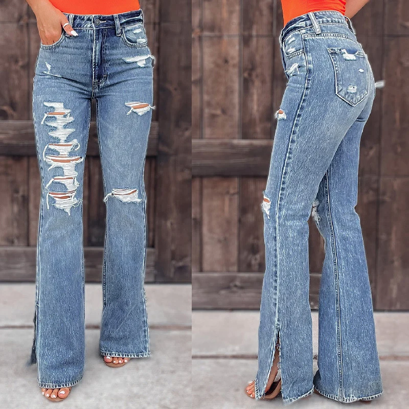

Office Ladies Fashion Side Slit Flare Pants Women Casual Midi Waist Pocket Slim Jeans Vintage Ripped Hole Tassel Denim Trousers