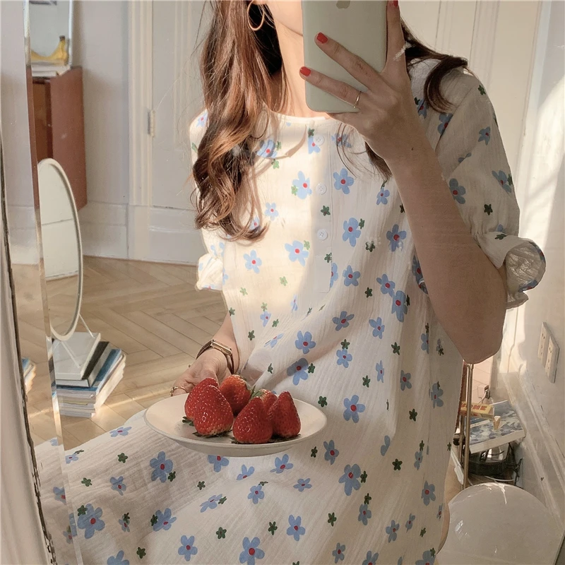 Kawaii Flowers Print Summer Nightgown Women O-Neck Ruffles Short Sleeve Pink Floral Long Sleepwear Night Dress 100% Cotton