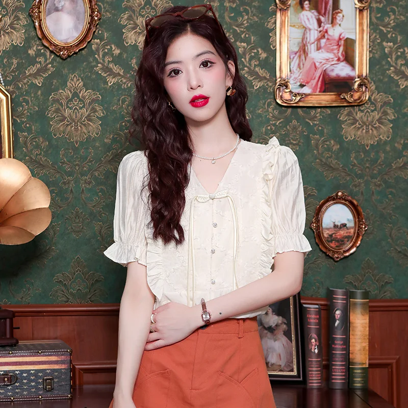 Летняя модная Новая женская блузка с коротким рукавом и V-образным вырезом