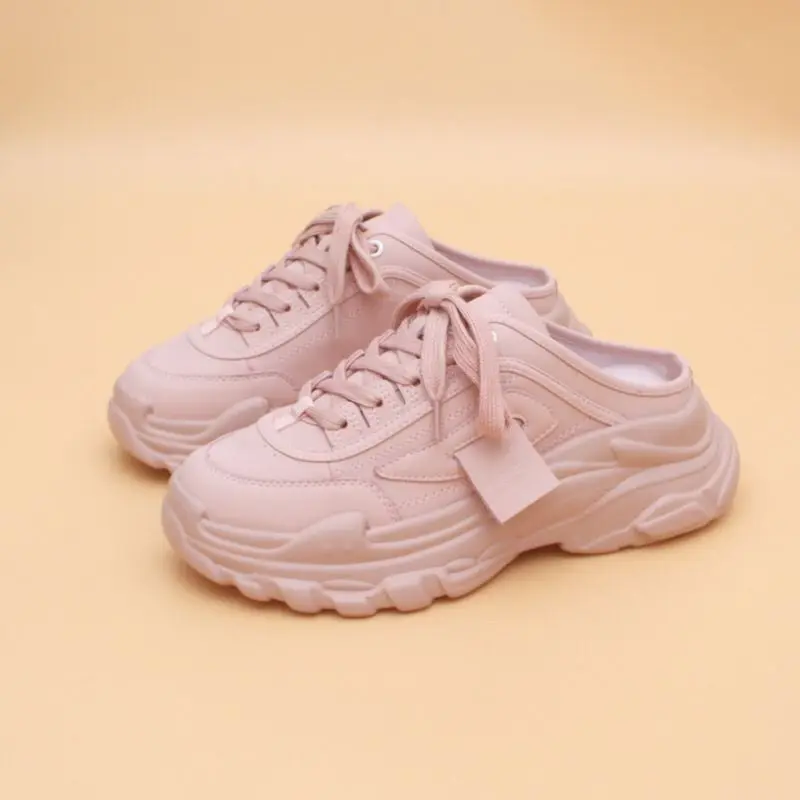 Genuine Leather Heel-Free Dad Shoes 2023 New Thick Bottom Candy Color Leisure Pump Half Slippers Women's Outer Wear