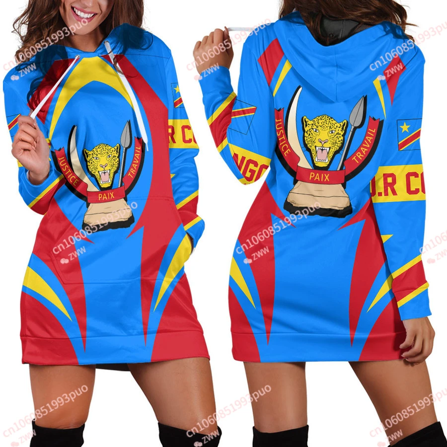 

Democratic Republic of Congo Flag Tribal Vintage 3D Printed Harajuku Crew Neck Slim Casual Long Sleeve Funny Ladies Hoodie Dress