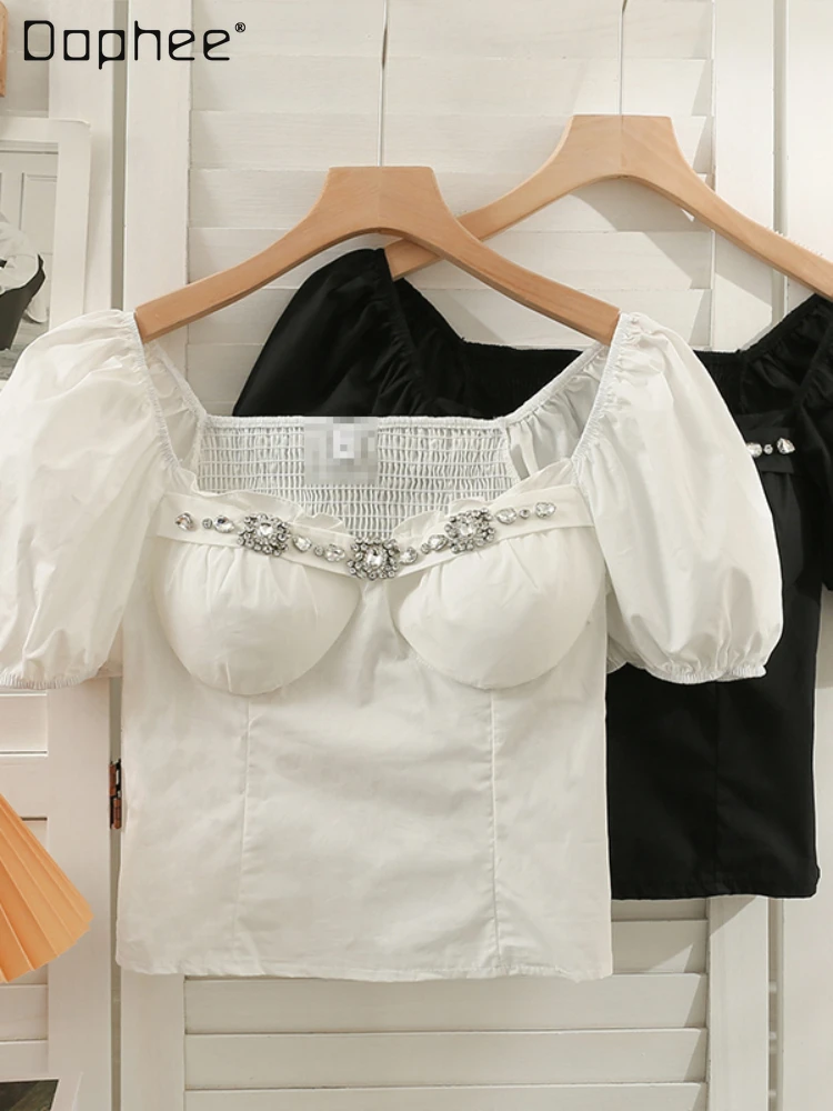 

Korean Style Summer Square Collar Pleated Corset Crop Top for Women 2022 New Slim Off-Shoulder Puff Sleeve Short Women-Blouses