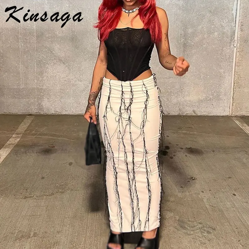 

Harajuku Vintage High Waist Bodycon Long Green Fringe Skirt Women Fairy Grunge Tassel Stitching Straight Maxi Skirt Emo Clothes