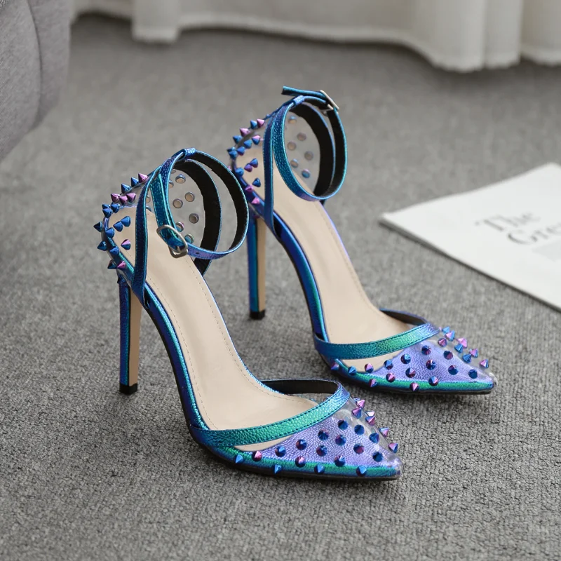 

New Spring and Summer Women's High-heeled Sandals PVC Fashion Rivet Stiletto Pointed Toe High-heeled Transparent Sandals