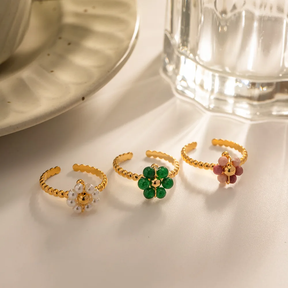 

Stainless Steel Plated 18K Gold Natural Stone Flower Ring Fashion Fine Jewelry For Women Birthday Gift