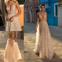 Gali Karten 2022 A line Boho Wedding Dresses Bridal Gowns Sexy Bohemia Deep V Neck Lace Appliqued Backless Tulle Floor Length wi