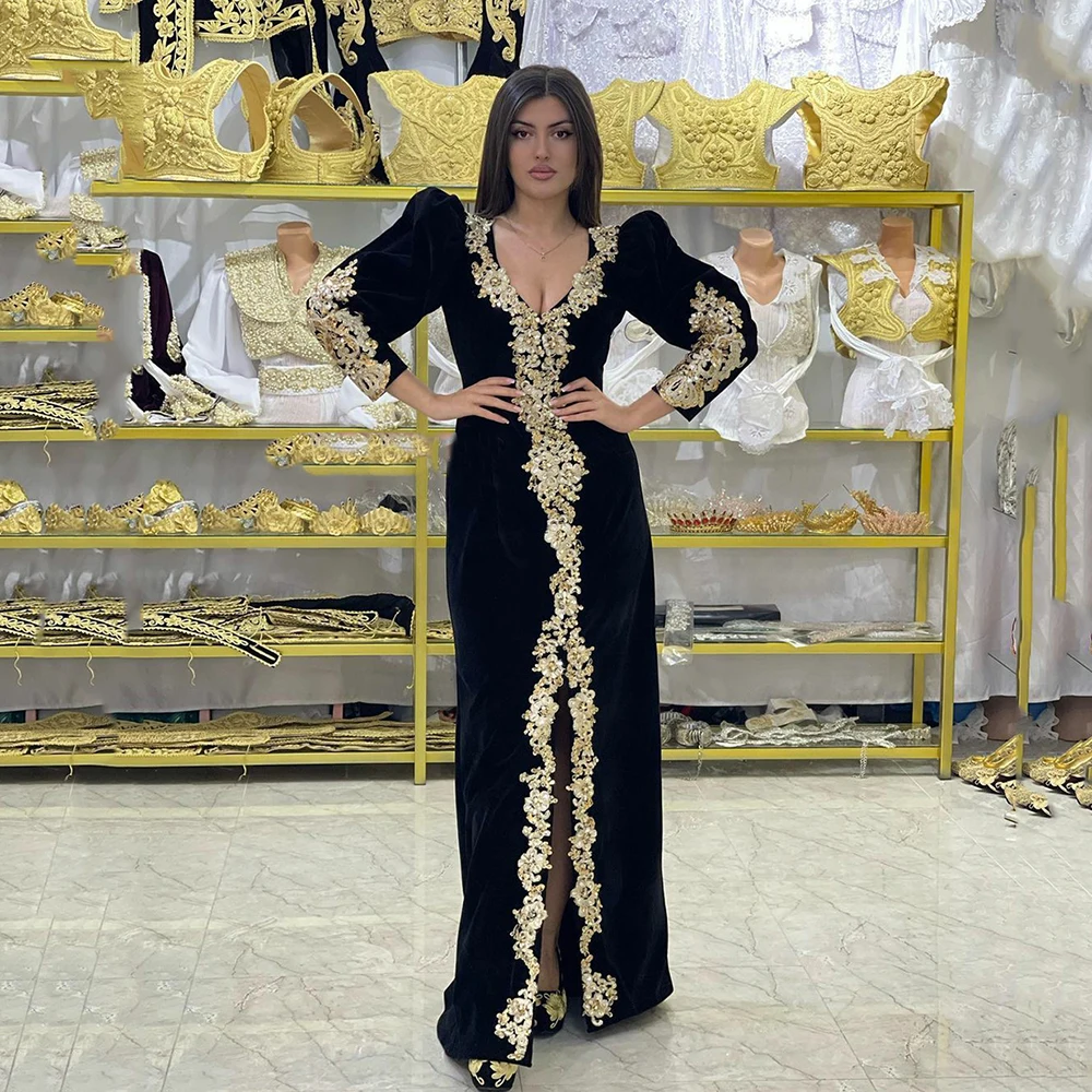 

Moroccan Caftan Black Velvet Evening Dresses With Gold Lace Applique Long Sleeves Front Slit Mermaid Arabic Prom Gowns 2024