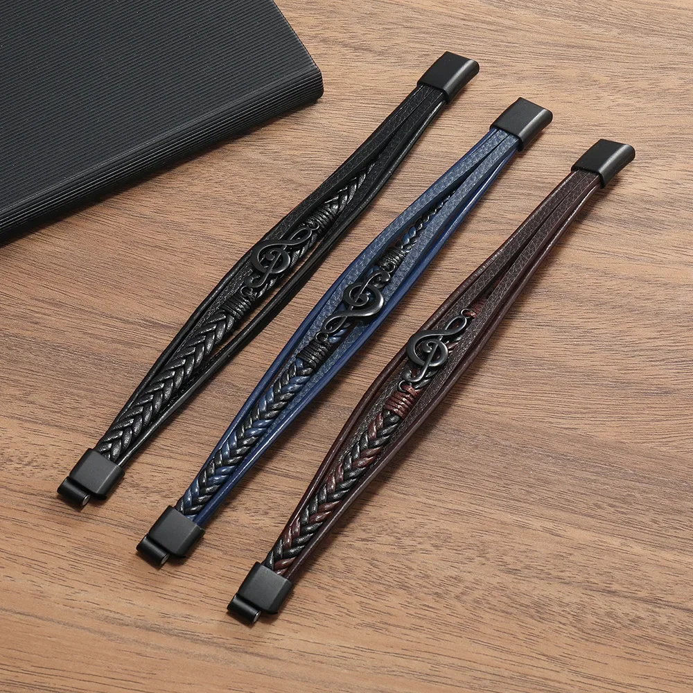 Фото Мужские браслеты Pulsera Hombre в стиле ретро, простые кожаные Многослойные браслеты с музыкальным символом и магнитной застежкой, ювелирные изделия №3