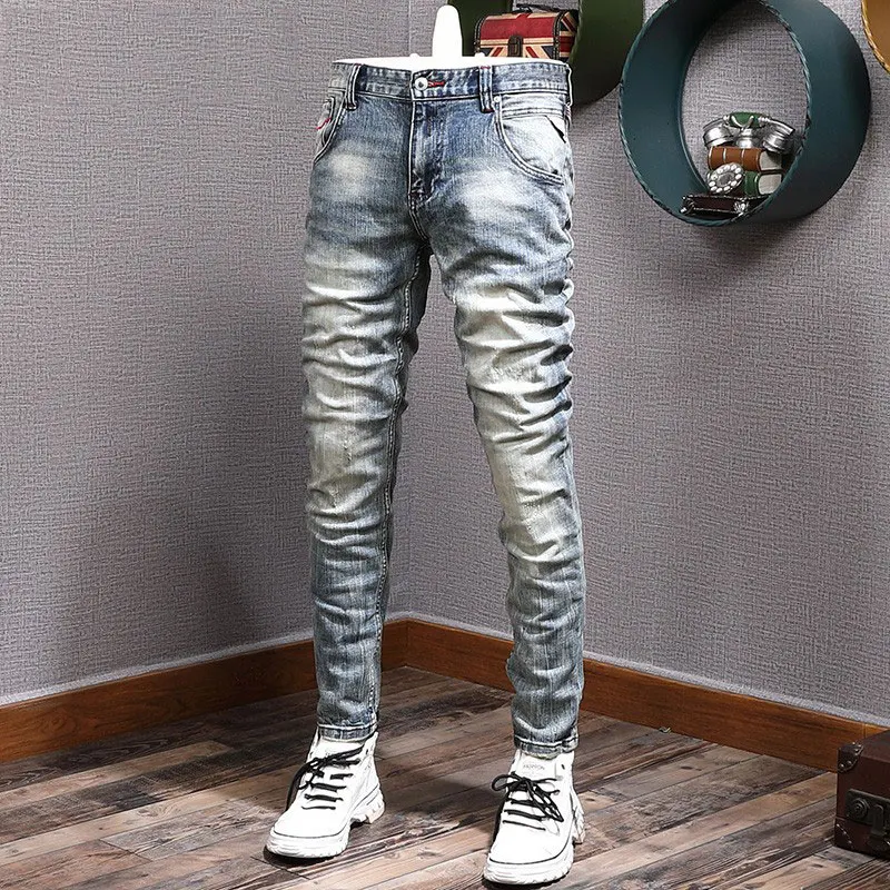 Newly Fashion Designer Men Jeans Retro Blue Elastic Slim Fit Ripped Jeans Men Trousers Italian Vintage Casual Denim Pants Hombre