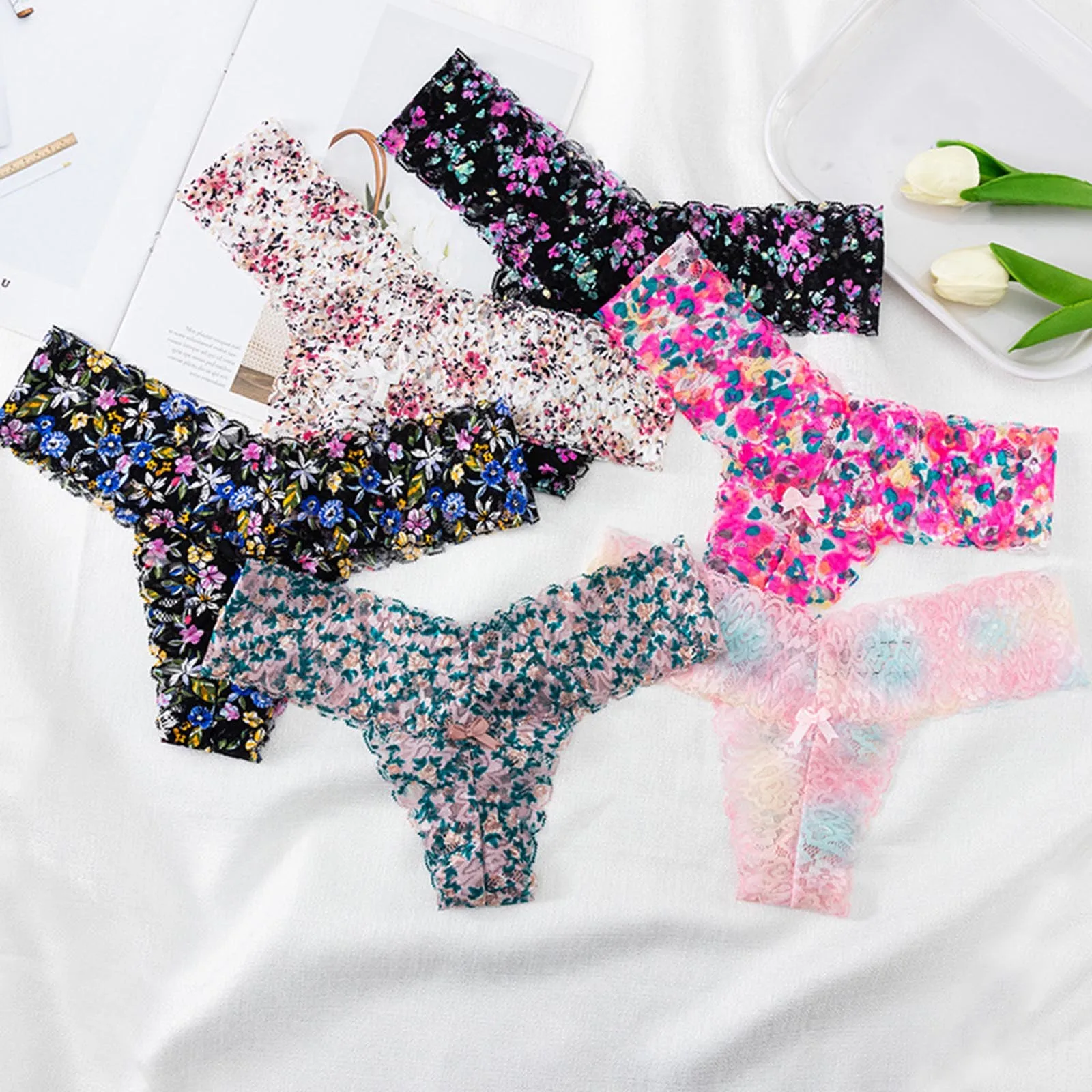

Стринги женские во французском стиле, пикантное дышащее нижнее белье с цветочным кружевным принтом, Т-образные трусики с заниженной талией,...