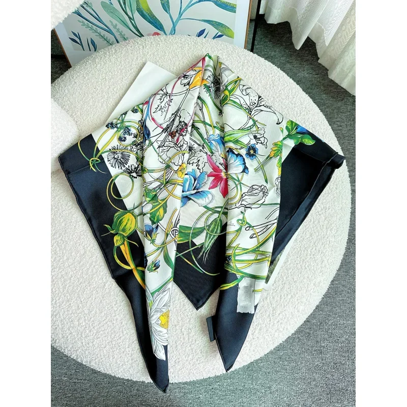 2024 шелк натуральный 100 ℅ шарф женский роскошный дизайнерский 90x90 цветочный
