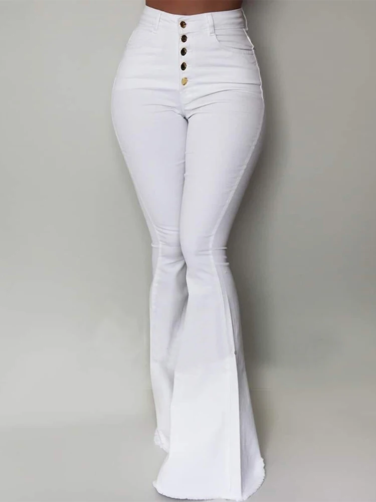 Весенние эластичные джинсовые расклешенные брюки с высокой талией женские