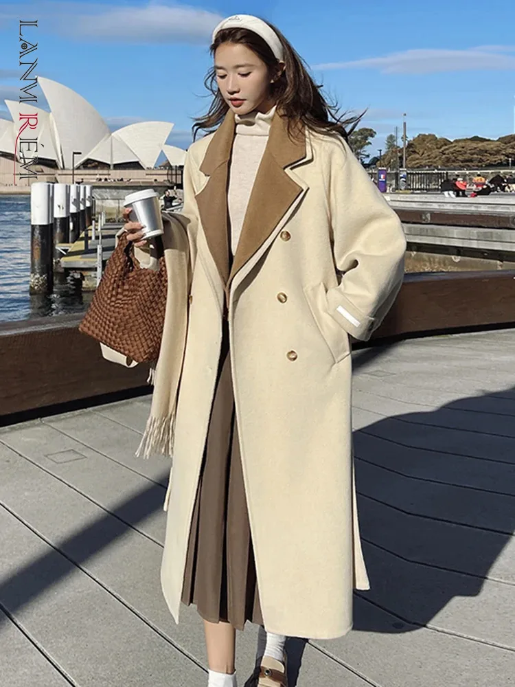 

LANMREM высококачественное шерстяное длинное пальто для женщин контрастного цвета с воротником и поясом, двубортная одежда, винтажная Осенняя Новинка 2023, 2AA3547