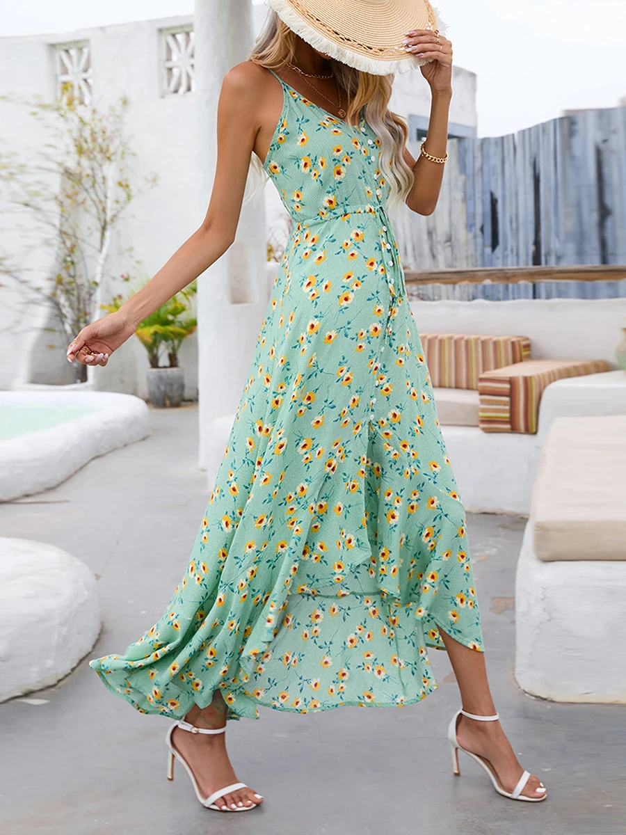 

LilChicMe 80er Jahre Fancy Maxikleid für Damen UK Sling Kleid Ärmellos V-Ausschnitt Rückenfrei Blumendruck Boho Sommer Lange