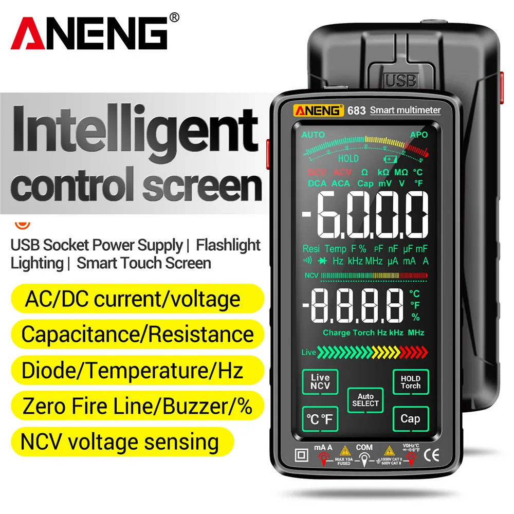 

ANENG 683 Smart Digital Multimeter 6000 Count AC/DC Ammeter Voltage Tester Rechargeable Electric Hz Ohm Diode Meter Touch Screen
