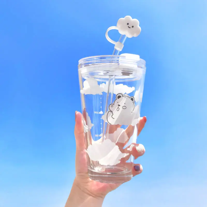 

480ml Glass Water Bottle with Straw Cartoon Clouds Straw Cup Leakproof Portable Drinking Bottle with A Sealing Cap Lid