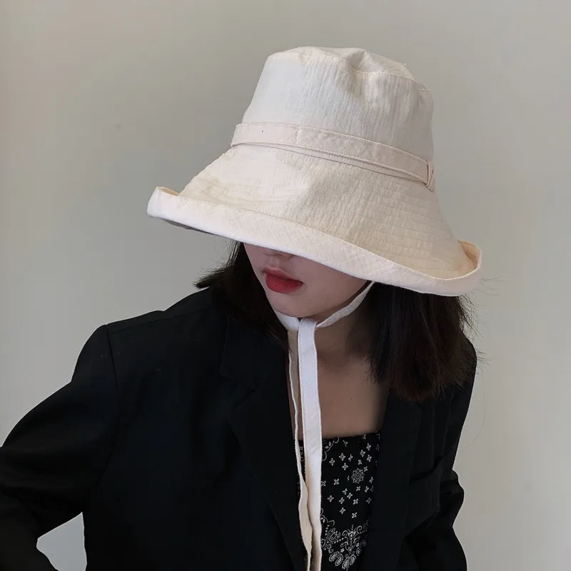 

Japanese Solid Tie Rope Bucket Hat Female Korean Ins Travel Leisure summer Big Wide Brim Fisherman Hat Sun Hat for Women