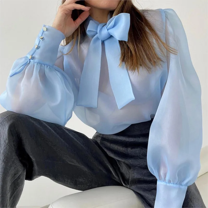 

2023 Women's Super Sexy Perspective Bubble Sleeve Blouses Cover Up Ladies Spring And Autumn Elegant Solid Color Bow Top Shirt