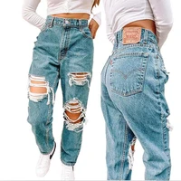 fashion blue hole straight wide leg trousers y2k hollow cargo pants women mom jeans ripped jeans women baggy high waisted pants