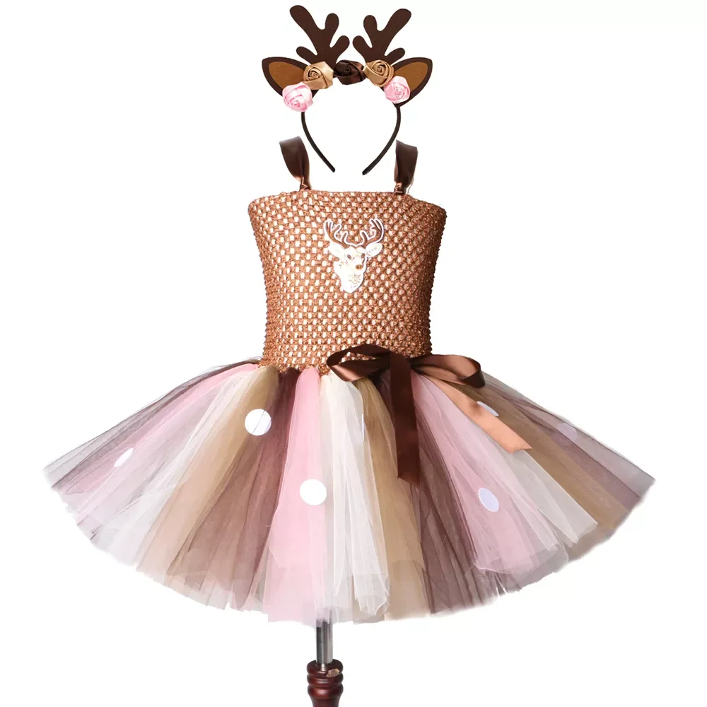 

Brown Deer Tutu Dress for Girls Christmas Halloween Costume Kids Reindeer Princess Dresses Knee-length Xmas Children's Cloth