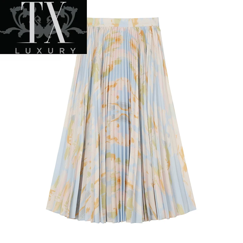 

Spring Summer New Vintage Printed Pleated Women High Waist Loose Female A-line s Korean Streetwear Skirt