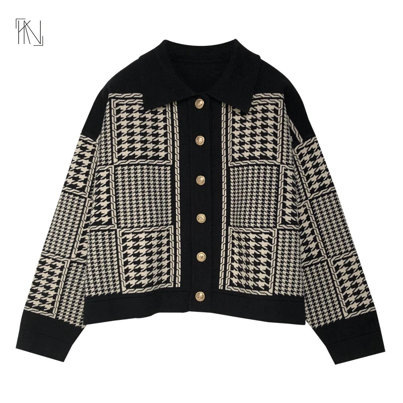 Thousand-bird French Vintage Contrast POLO Neck Knitted Cardigan 2023 Spring New Single-breasted Long-sleeved Jacket Women