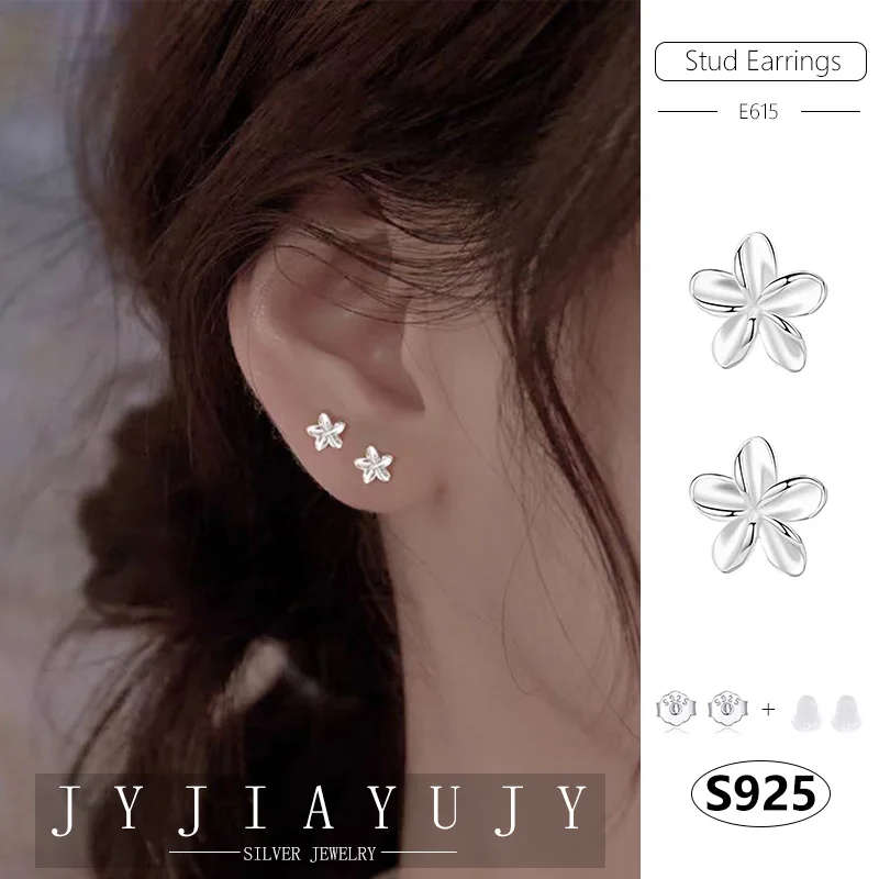 JYJIAYUJY 100% Sterling Silver S925 Stud Earrings Five Petals Flower Shape Fashion Trendy Hypoallergenic Women Jewelry Gift E615