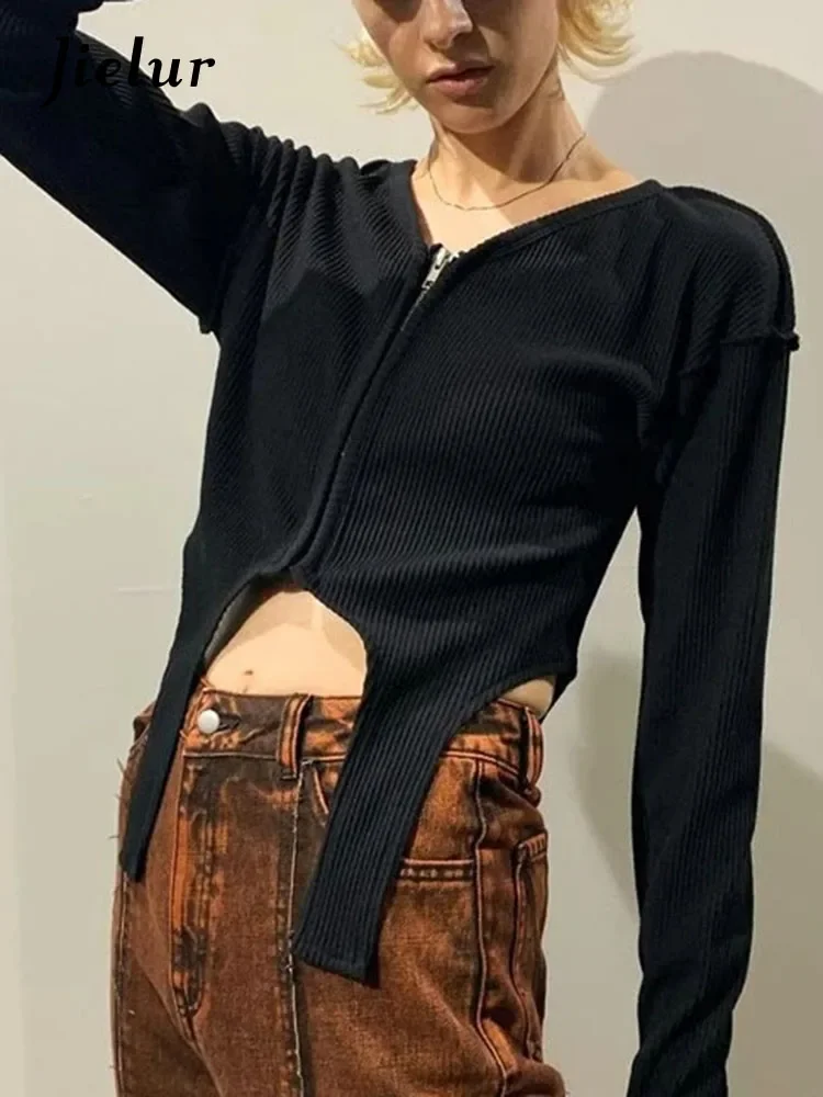 

Jielur Винтажная футболка женская с длинным рукавом безымянный кроп-топ черный Y2K Футболка женская гранж эстетические футболки женские осенние