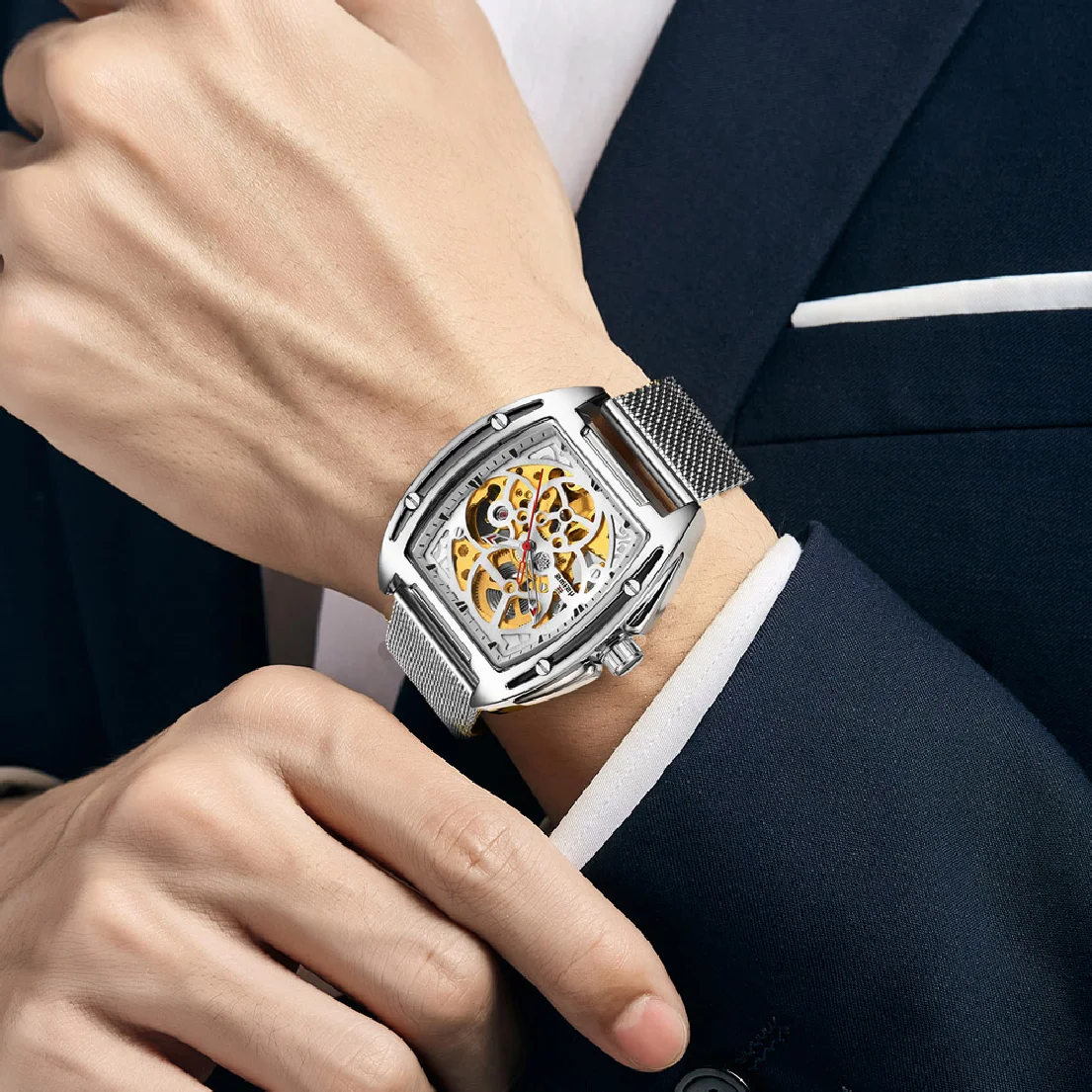 

SWISH Men Watches Mechanical Movement Hollow Skeleton Dial Full Steel Mesh Band Gift Clock Square Sport Military Wrist Watch