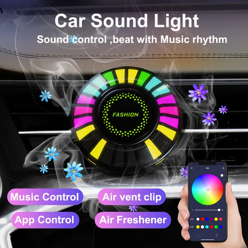 

1/2 Sets Car Music Rhythm Light RGB LED Music Car Vent Light APP Sound Activated Led Lights Control Air Freshener Ambient Light