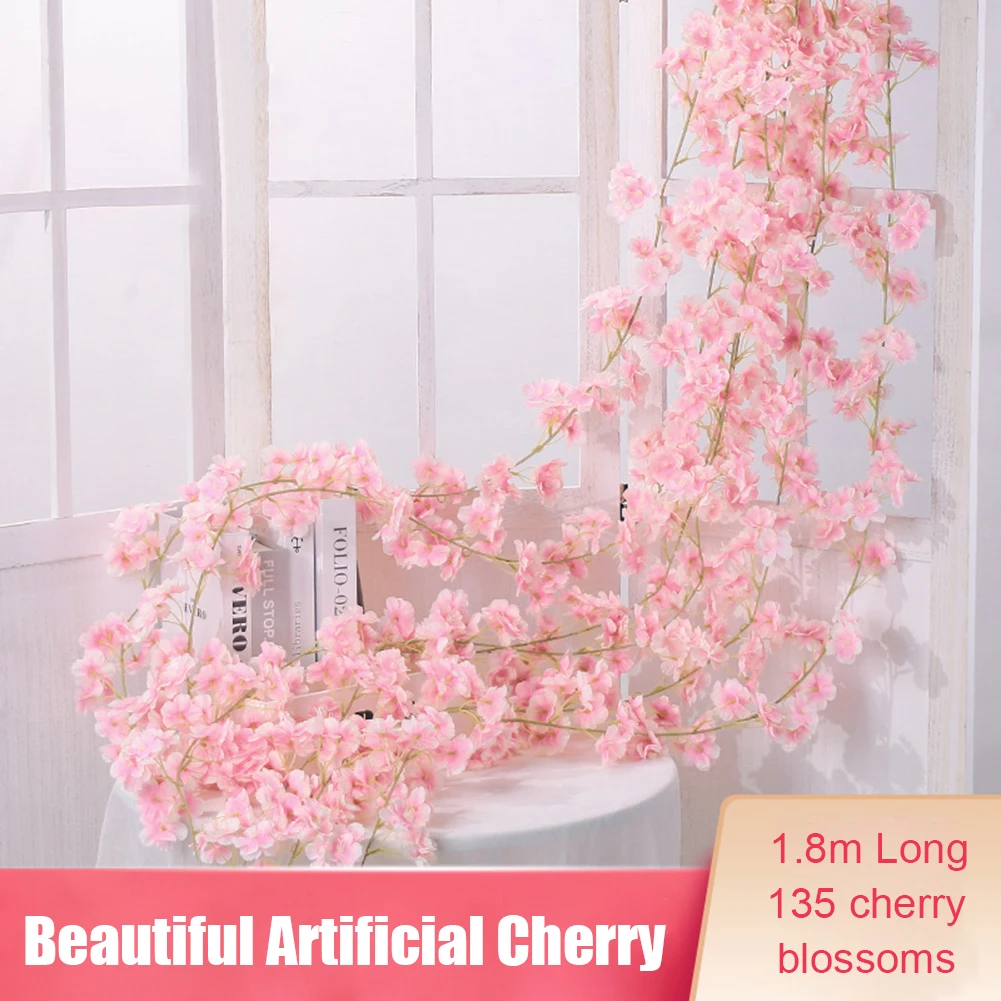 

Artificial Cherry Blossom Flower Vine 5.9ft 135 Flowers Silk Garland Wall Hanging Flower Home Wedding Decoration Fake Plant Vine