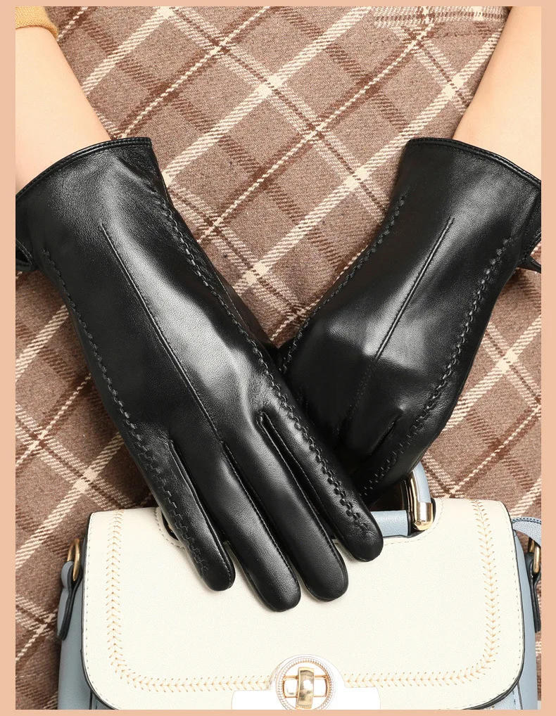 Real Leather Gloves Female Autumn Winter Thermal Touchscreen Fashion Simple Elegant Sheepskin Women Gloves Driving YSW0052