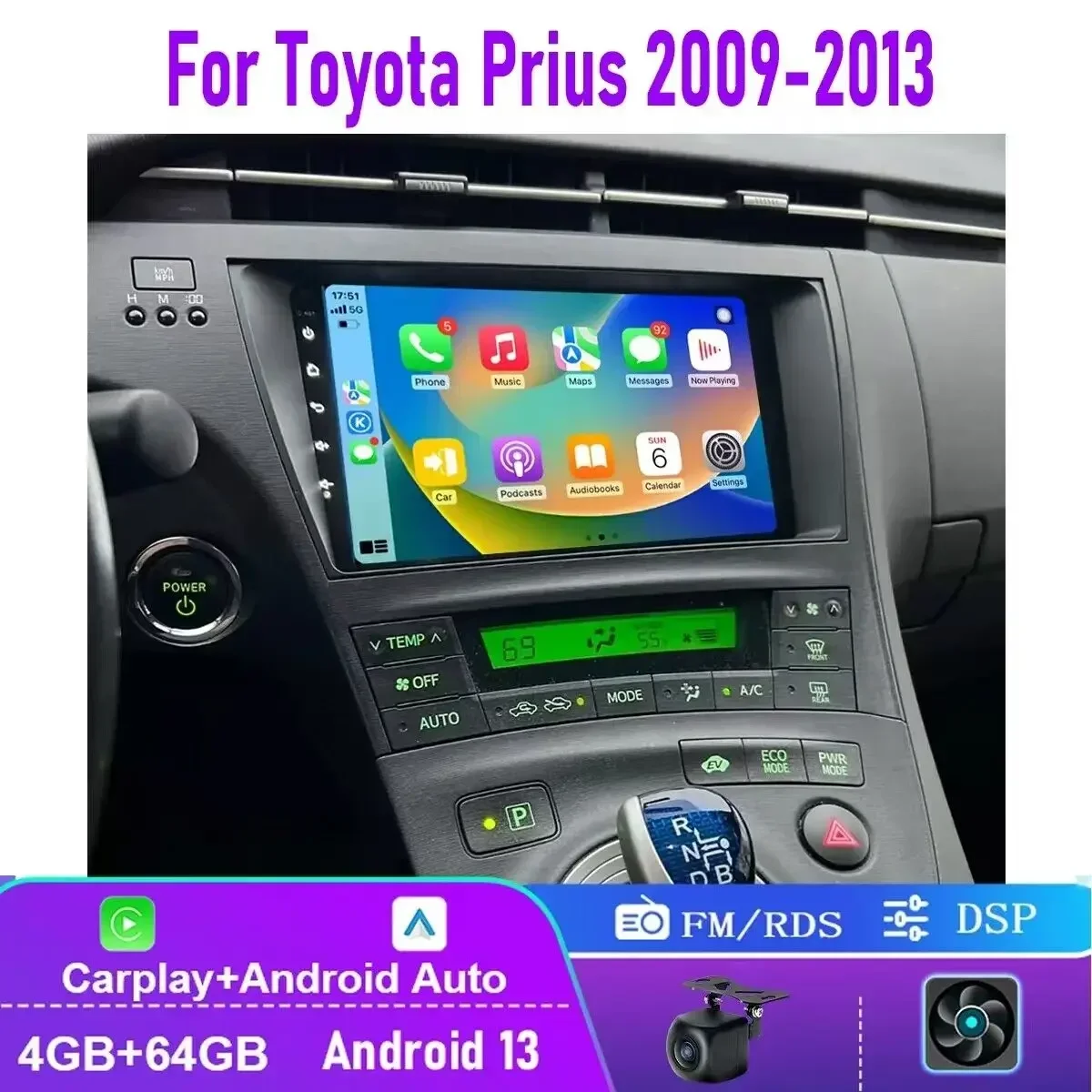Автомагнитола 9 дюймов 4 + 64 ГБ Android 13 GPS FM для Toyota Prius 2009-2013