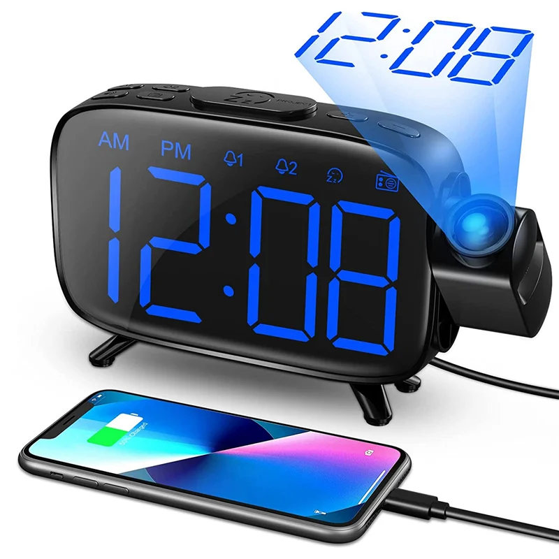 Radio With 180° Projector, 7 Sounds Dual Alarms, Snooze,dimmable Large Led Display Clock For Kid