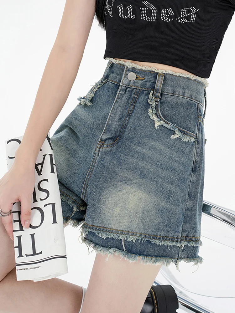Streetwear Women Retro Raw Hem Loose Blue Denim Shorts Spring Summer Female High Waist Frayed Jeans Shorts Bottoms