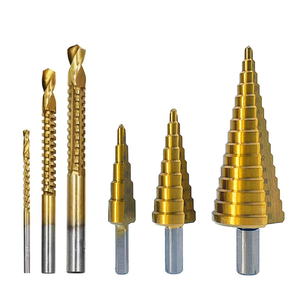 

6pcs Cone Hole Cutter Practical Woodworking DIY Durable Step Drill Bit Set 4-32mm With Case Saw Twist Titanium Coated Home