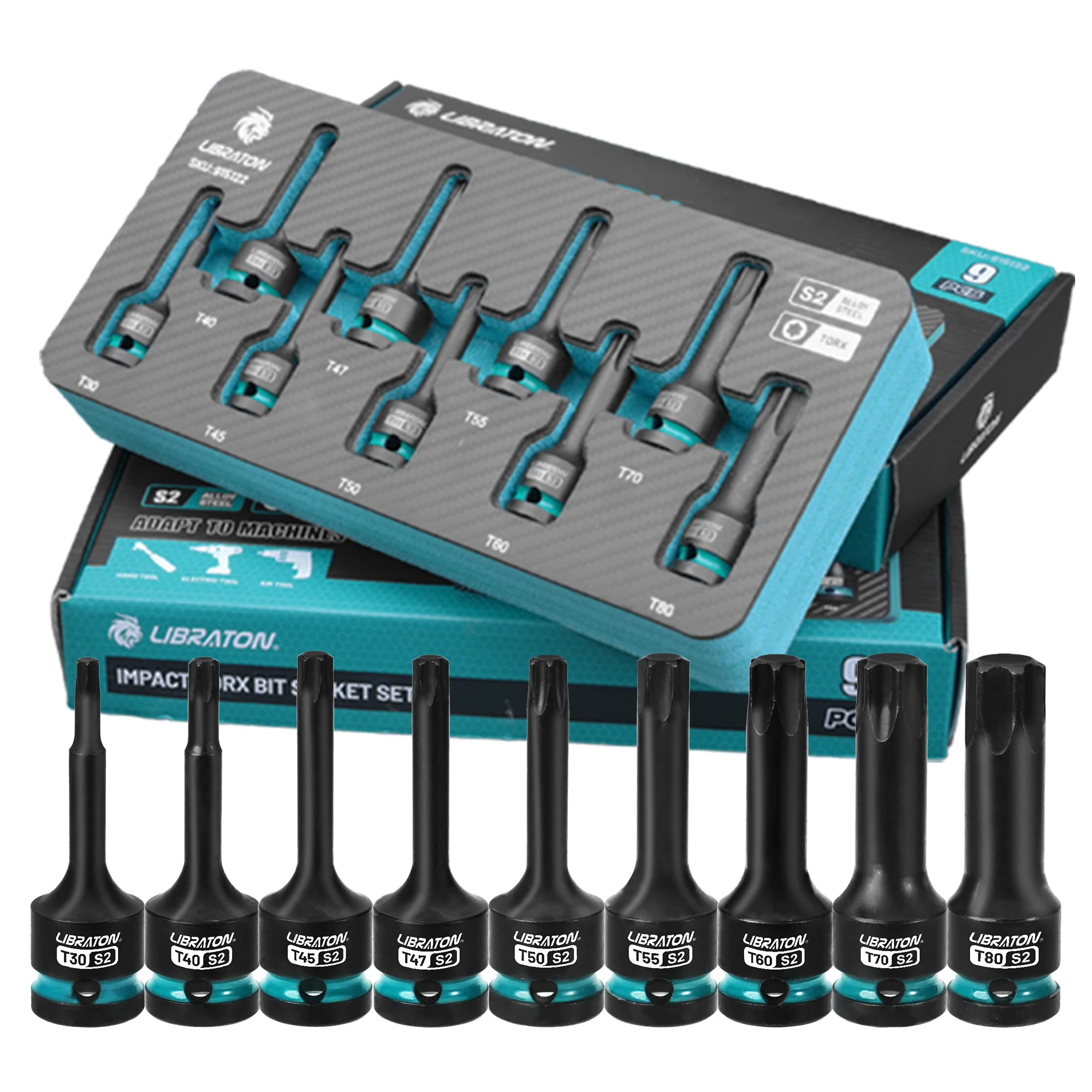 

LIBRATON 9 шт., комплект насадок Torx Impact, 1/2 дюйма, ударные головки со звездами T30-T80, профессиональный механический ремонт автомобилей