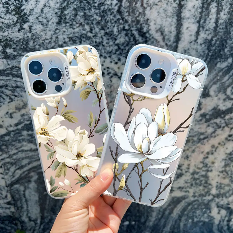 Белый чехол для телефона с цветком магнолии iPhone 14 Pro Max Plus 15 13 Mini 12 11 ударопрочный