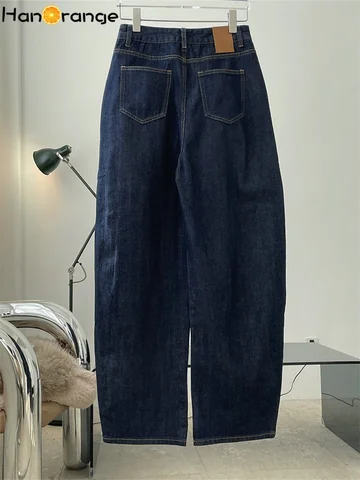 Hanorange Winter Winter Arco Alta cintura larga Jeans Mulheres espessadas de calças casuais solteiras femininas azul escuro