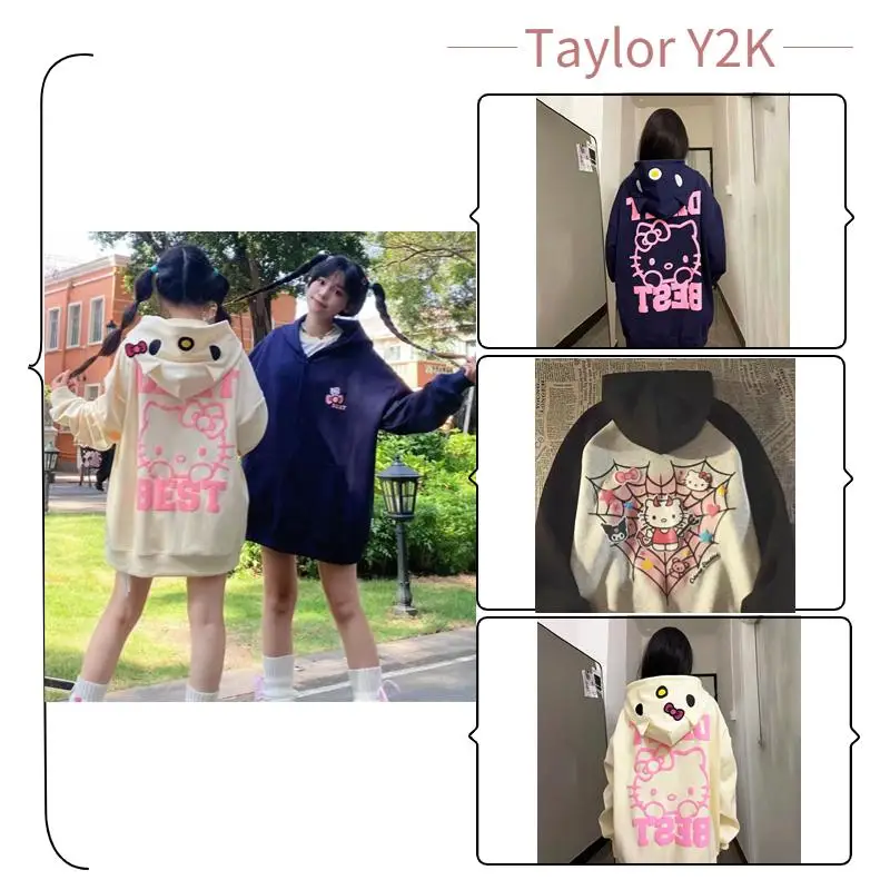 

Sanrio Hello Kitty Hooded Sweater Anime Fashion Embroidery Cardigan Zipper Top Cotton Korean Loose Couple Coat Winter Y2K Girls