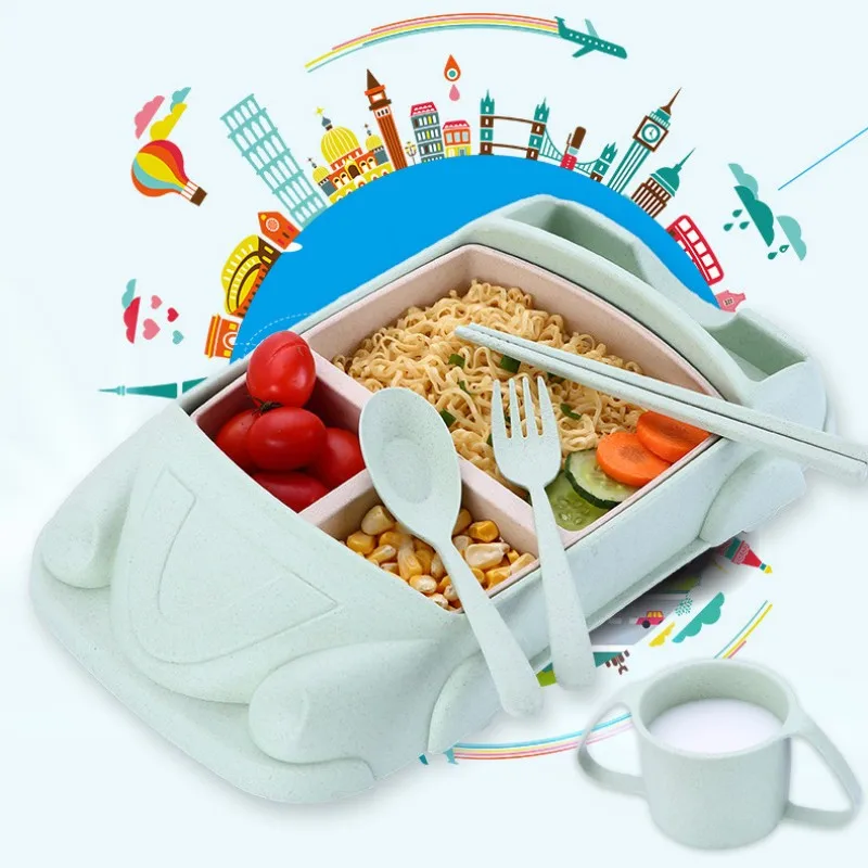

6pcs Food Dishes Cartoon Car Plate Wheat-straw Children Tableware Set Kids Fork Spoon Cup Baby Feeding Training Dinnerware