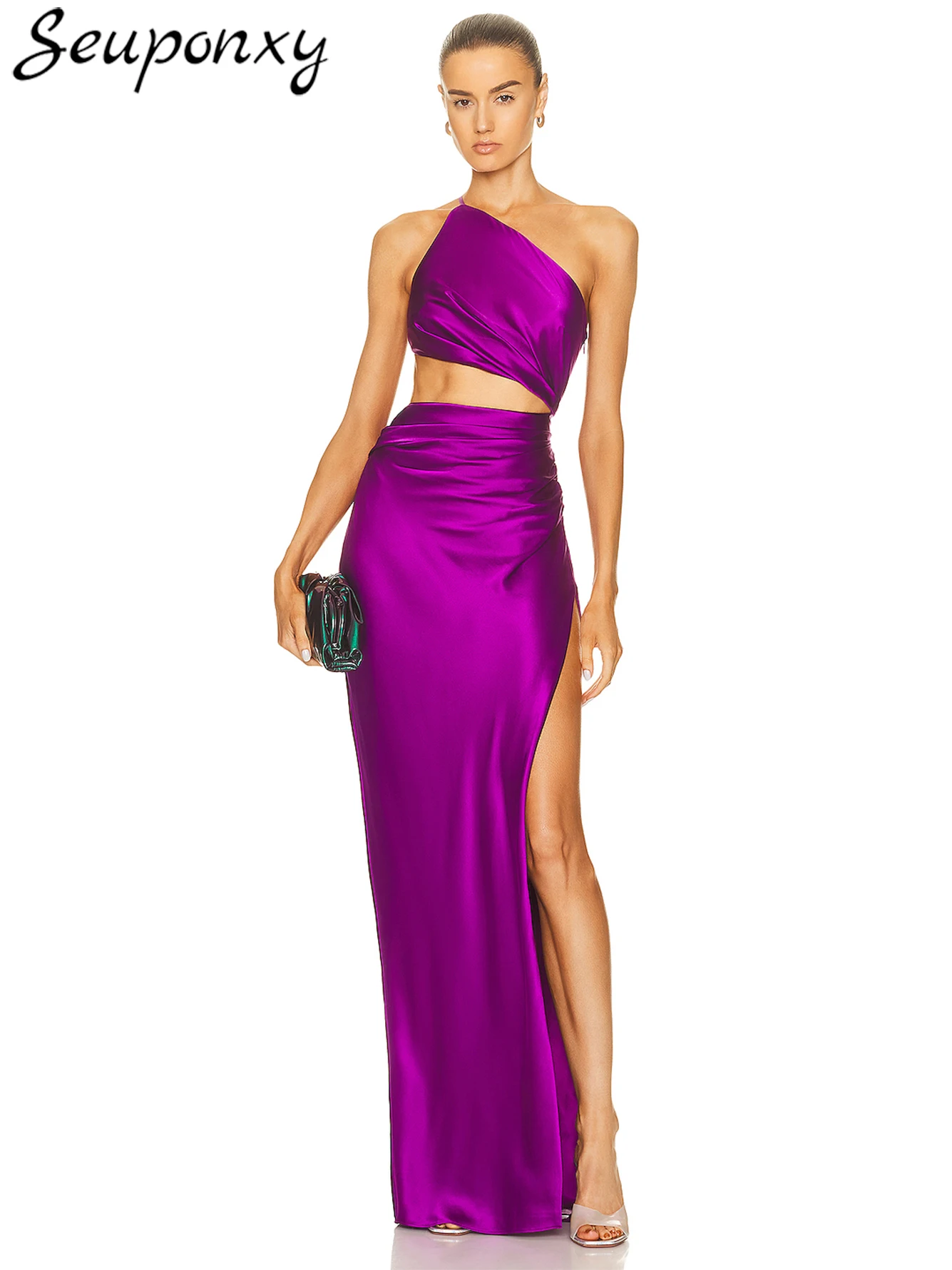 

Женское длинное платье на одно плечо, с высоким разрезом