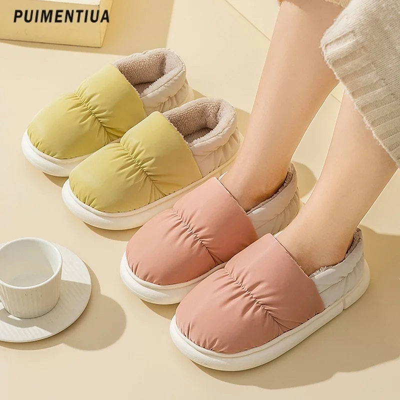 

Водонепроницаемые женские тапочки, зимние домашние тапочки для спальни и пар, хлопковая обувь, Эва, уличная пуховая ткань, Сланцы на толстой платформе