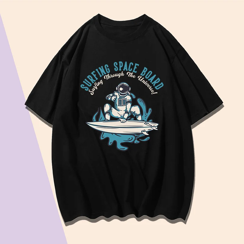 

Женская свободная футболка с принтом, хлопковая синяя футболка с коротким рукавом и круглым вырезом для серфинга и астронавта, пуловер XXXL, летняя спортивная одежда