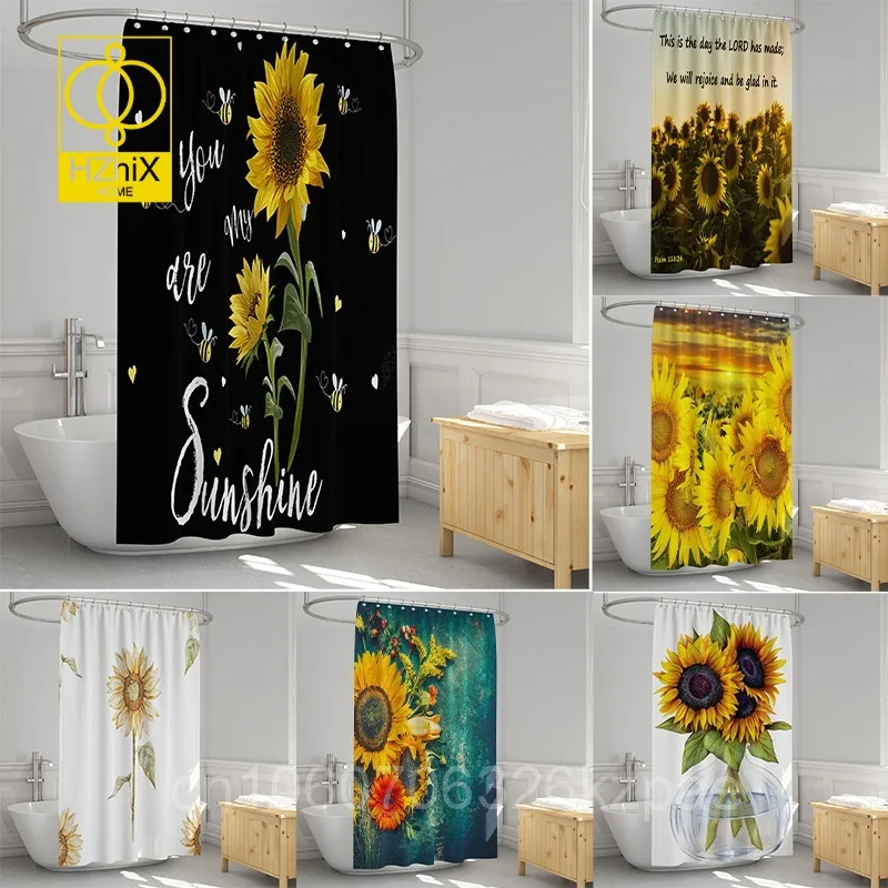 

Sunflower Black Shower Curtains Beautiful Flowers 3D Print Toilet Cover Bath Mat Non-Slip Rug Set Bathroom Curtain with Hooks